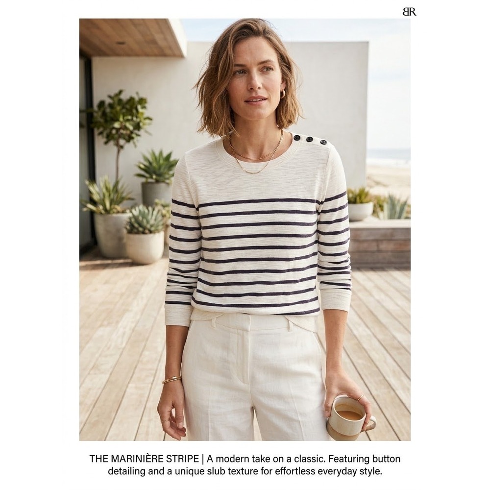Mariniere Stripe Button Shoulder Banana Republic White Navy Slub Top Size M
